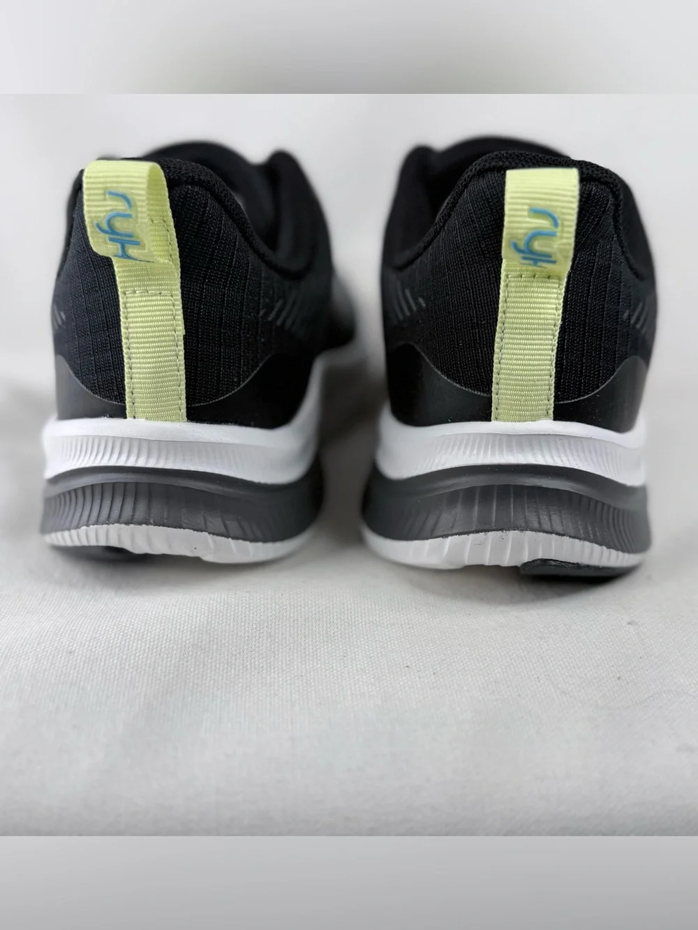 Ryka Genuine Walking Black Athletic Shoes with Blue Logo and Yellow Pull Tab